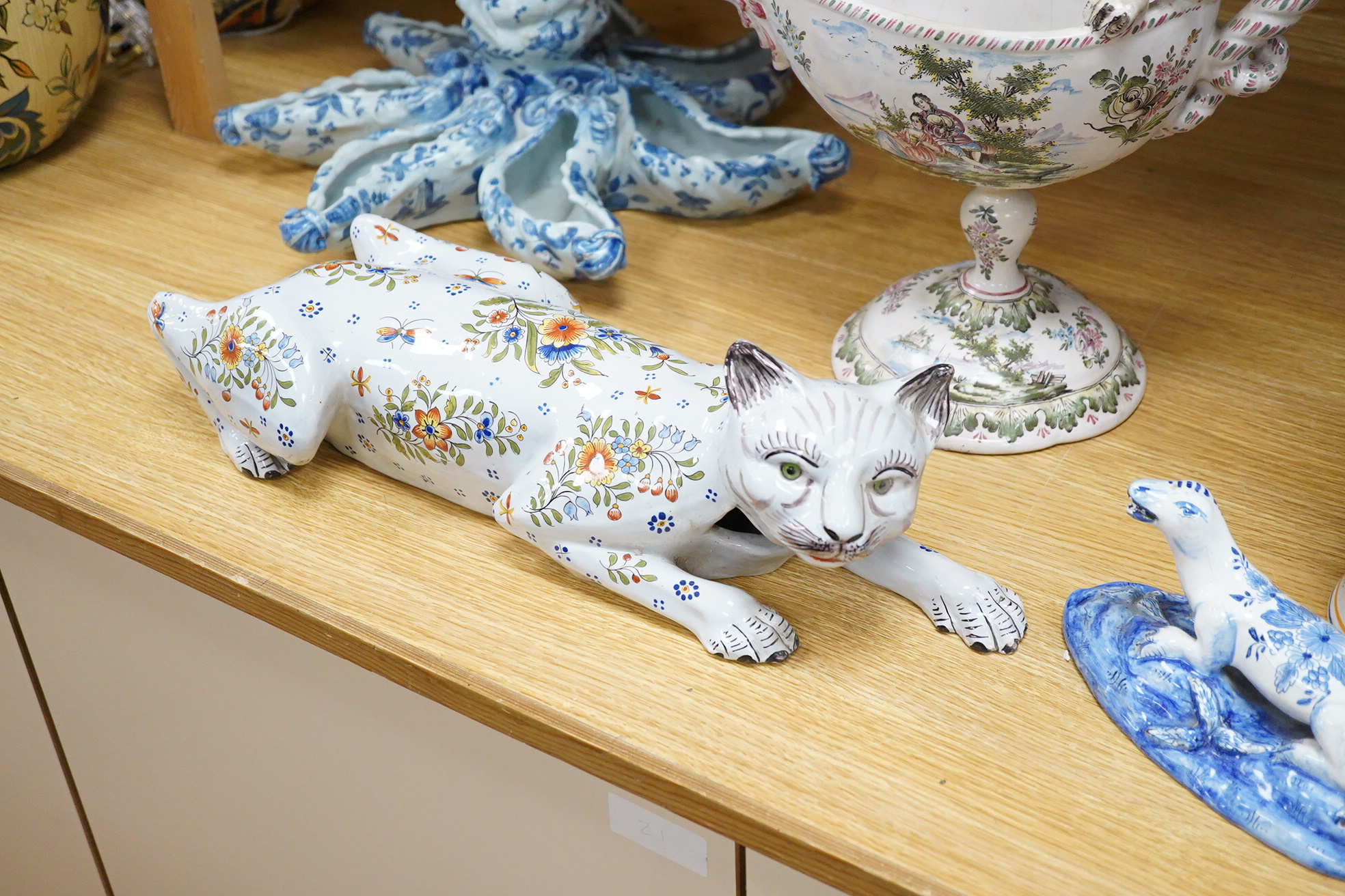 Five French faience pottery items, dating from the late 18th century to late 20th century. Tallest -vase 51cm high.